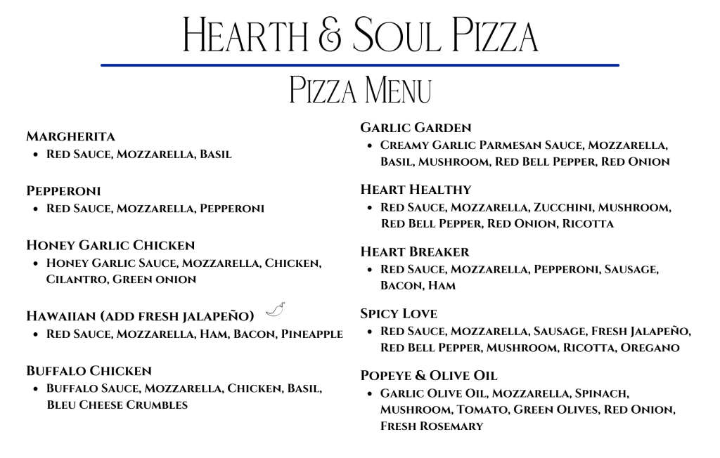 Hearth and Soul Pizza Menu